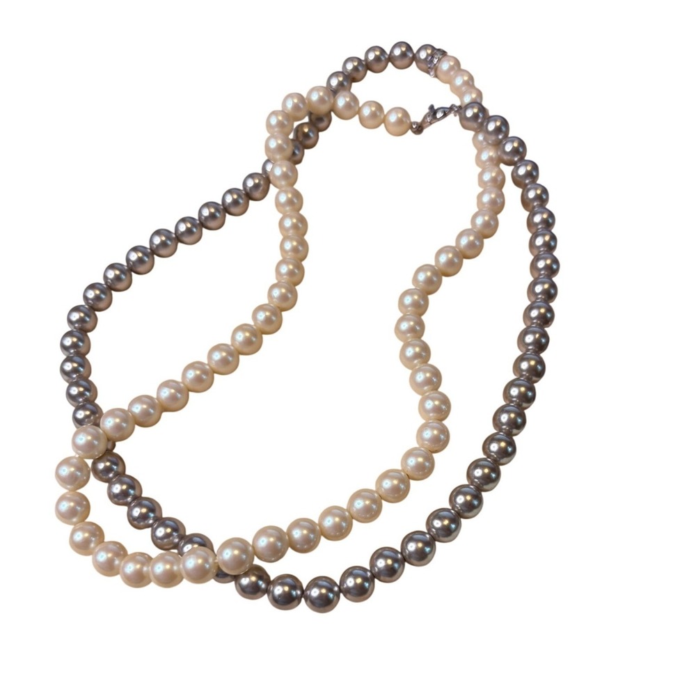 Monet Vintage Double Strand Faux Pearl Necklace White Grey Rhinestone 17 Inch